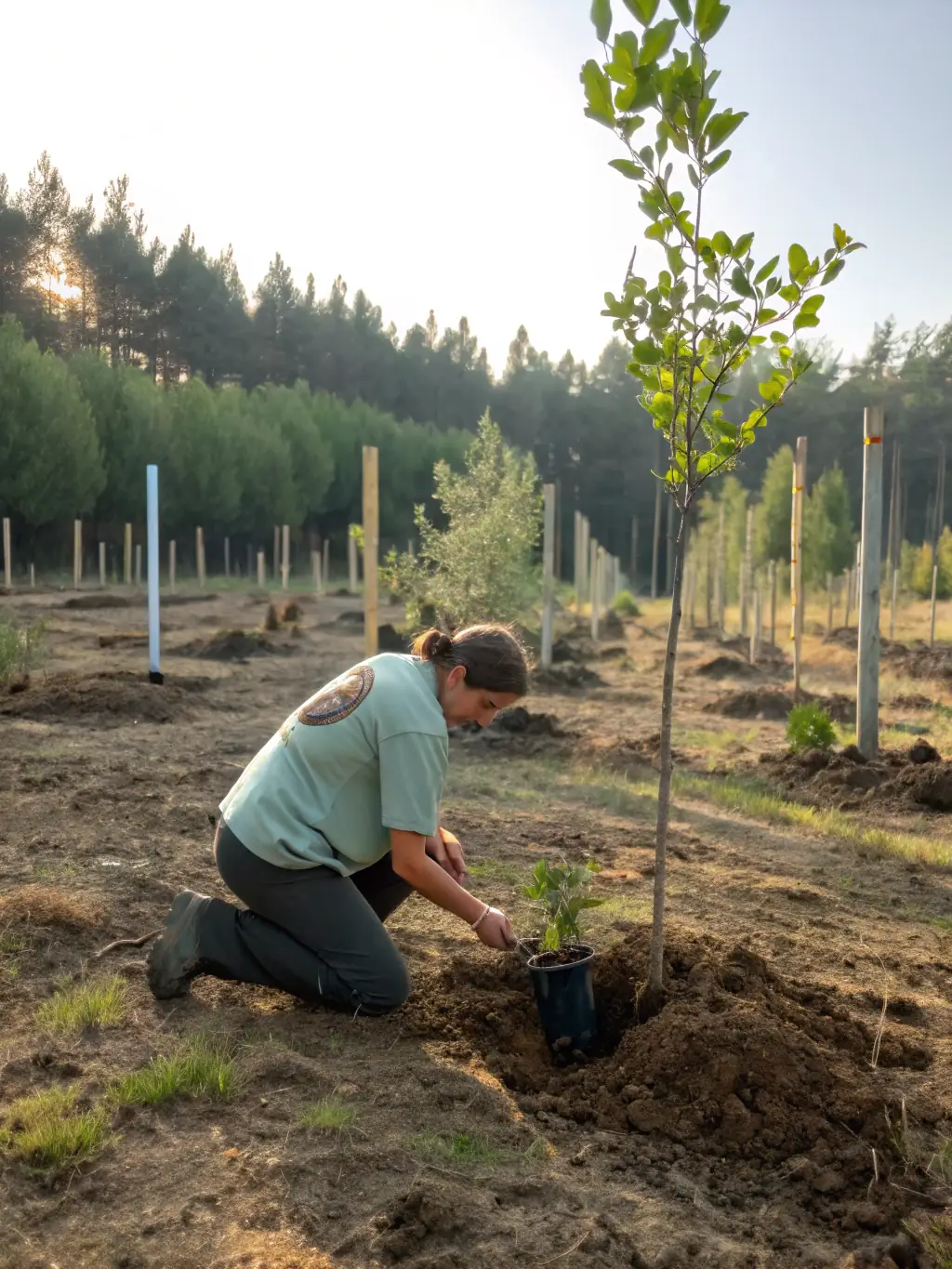 A single tree being planted by a person, symbolizing individual contribution to reforestation efforts.