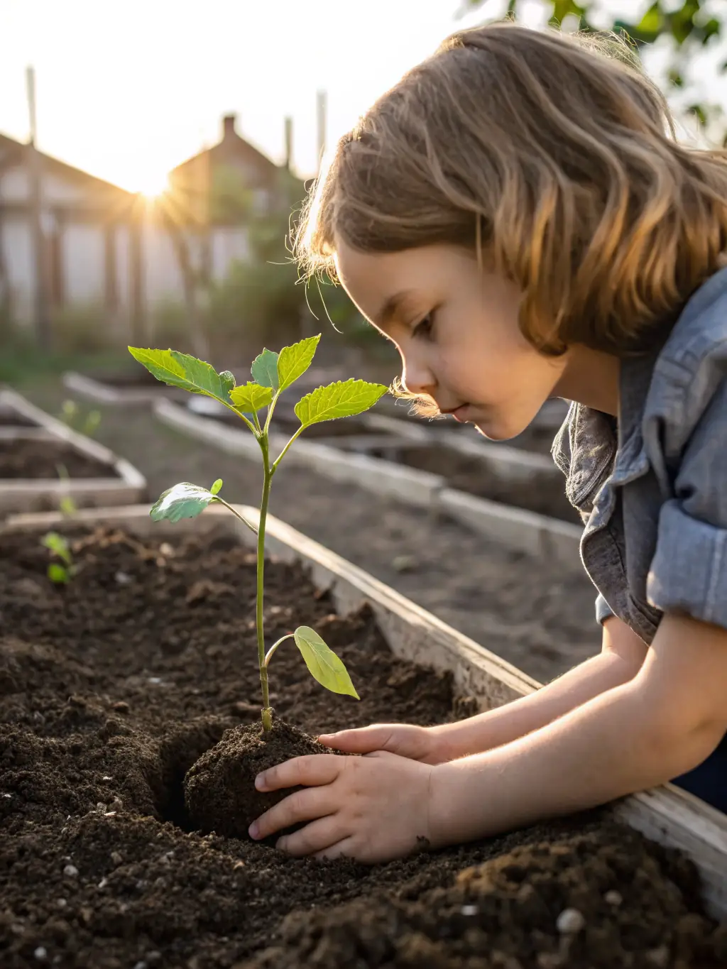 A close-up shot of a person planting a tree seedling, hands gently placing it in the soil, symbolizing individual contribution to reforestation efforts.
