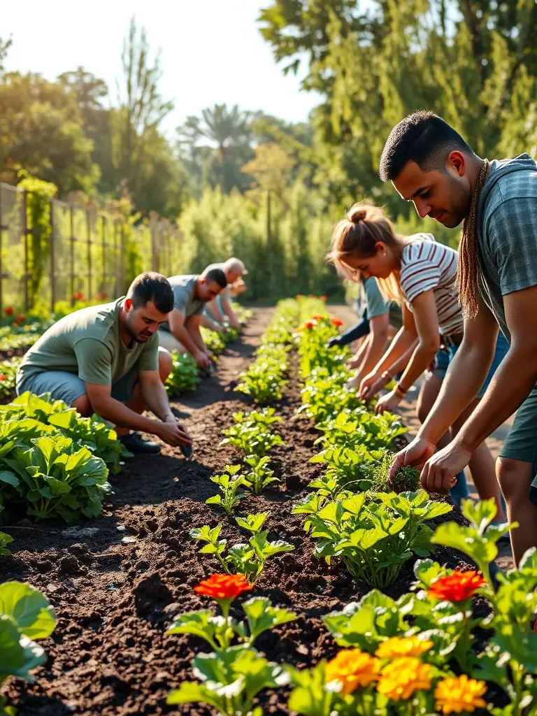 A diverse group of people smiling and working together in a community garden, highlighting the collective effort in environmental sustainability.
