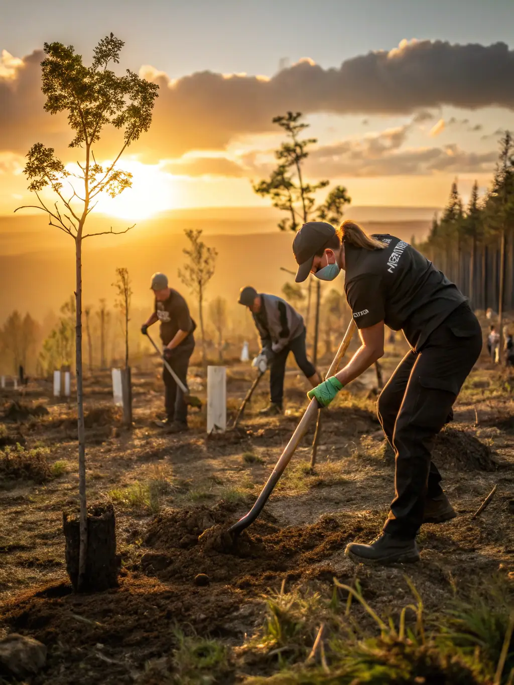 A diverse group of people participating in a community tree-planting event, highlighting collective action.